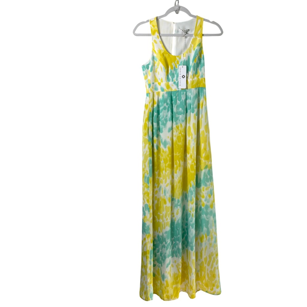 Annie Griffin Austin Maxi Dress Womens 0 Watercolor Yellow Teal Silk NWT